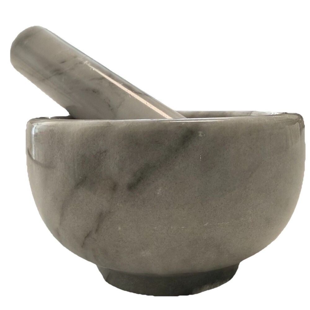 Granite Mortar and Pestle with White Marble Finish Set Use in Gray 4" Diameter